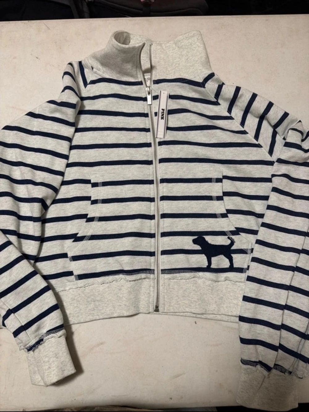 PINK Victoria's Secret Cream & Navy Striped Zip-Up Crew Sweater